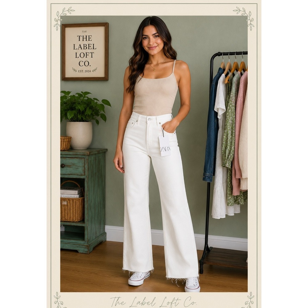 ZARA Women's Wide Leg Jeans Size 6 White Off White High Rise NWT Lyocell Cotton